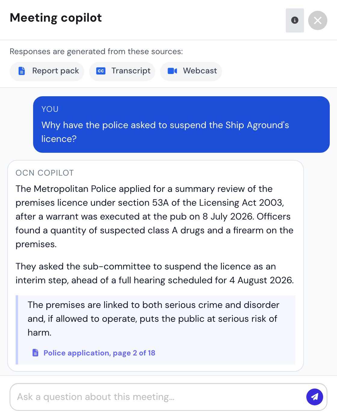 Asking a question about a meeting and receiving an answer with a direct quote and a clickable link to the source document