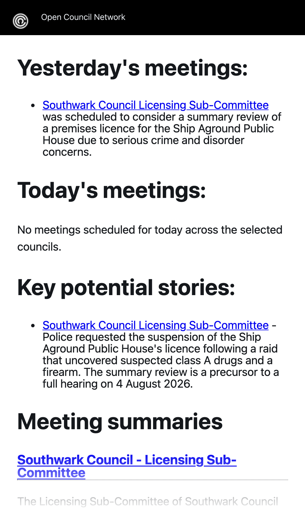 A daily briefing email with decision-first summaries across several councils, each tagged by story type