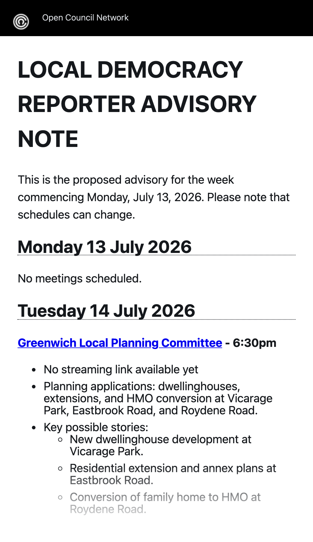A Friday forward-look email listing next week's meetings across several councils with likely story angles